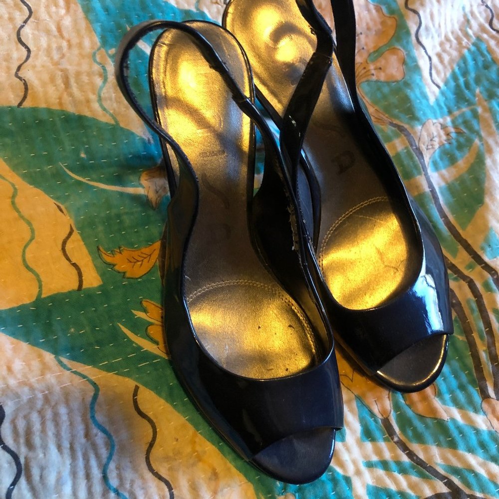 navy patent leather sling back heel